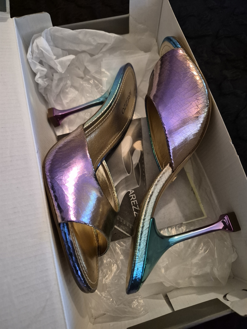 Iridescent Open-Toe Stiletto Mules - Purple Green
